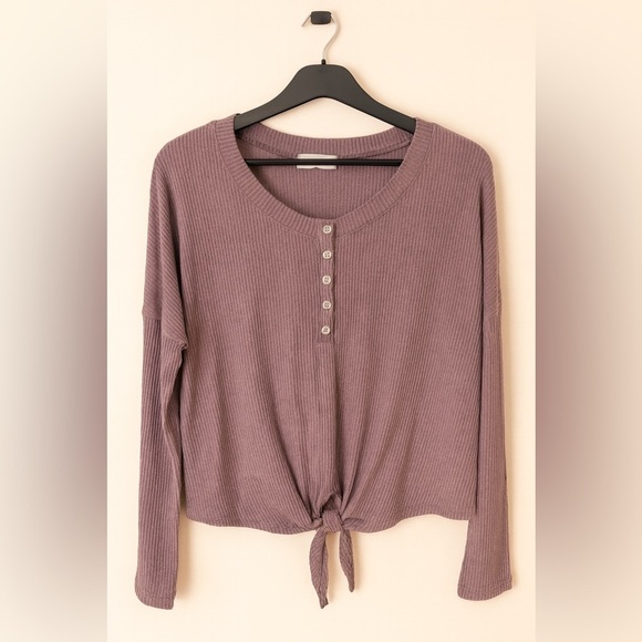 Treasure & Bond Tops - Treasure & Bond Ribbed Henley Tie Front Top Mauve Purple Size M